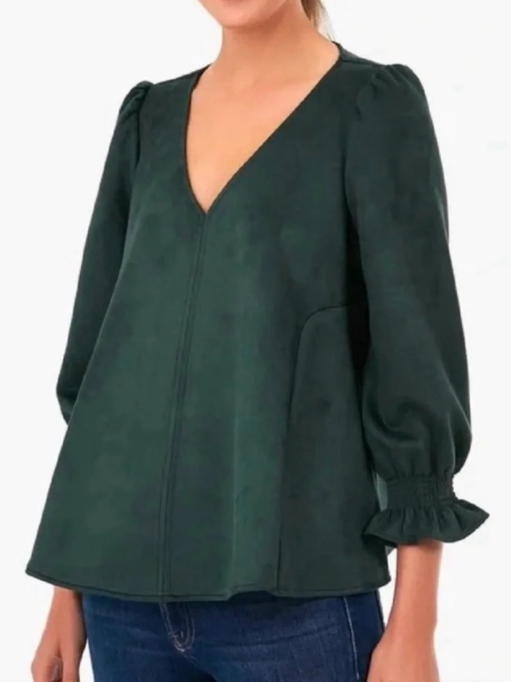 Tuckernuck Easton Ultra Suede Puff Sleeve Malachite V-Neck Swing Blouse Sz M